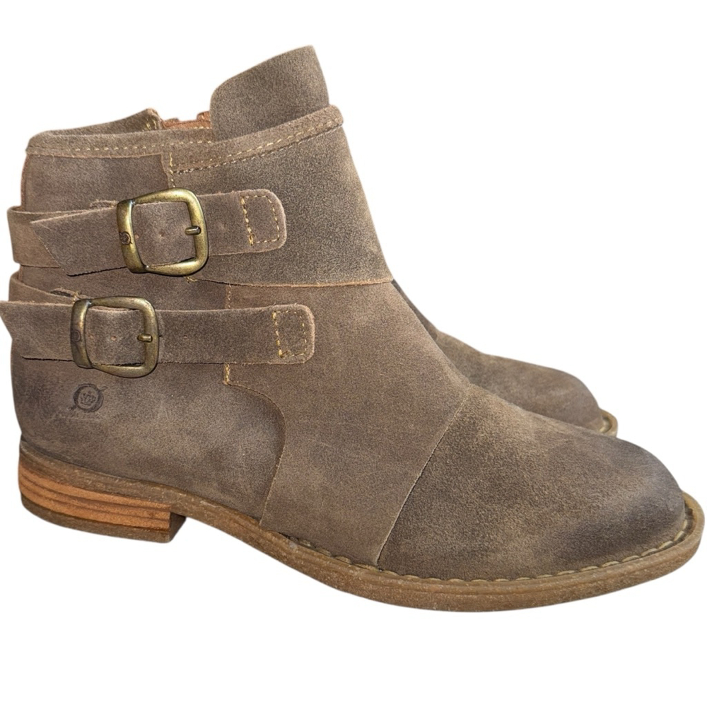 Born Size 7.5‎ Brown Suede Flat Ankle Boots with Double Buckle